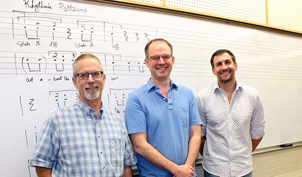 The Arizona Ear Worm Project includes Dan Kruse, an ethnomusicologist and AZPM radio announcer, UA Associate Professor of Music Theory Don Traut, and Speech, Language and Hearing Sciences Professor Andrew Lotto. photo: Jamie Manser/Confluencenter for Creative Inquiry